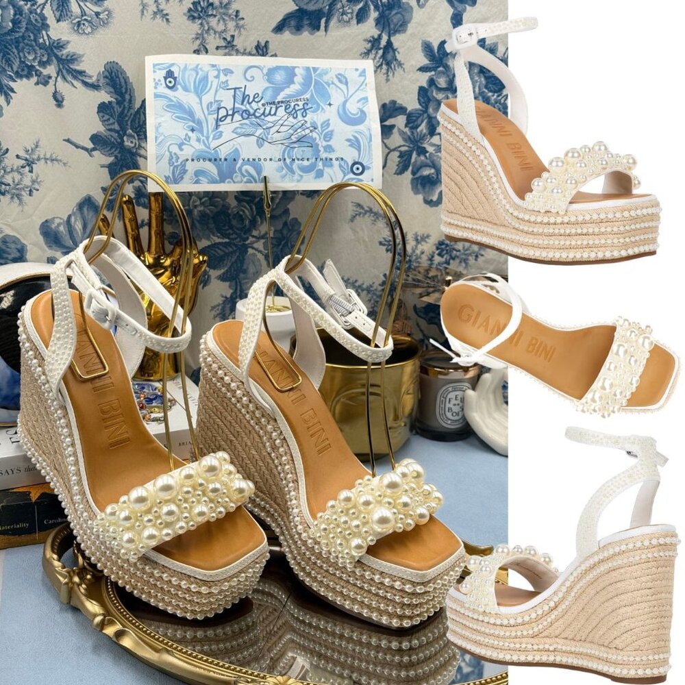 Gianni Bini White Pearl-Embellished Wedge Sandals